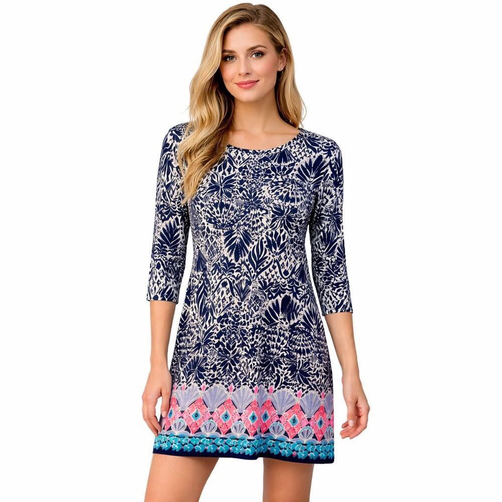 Lilly Pulitzer Dress Womens XS Blue Floral 3/4 Sleeve Cotton Shift Tropical